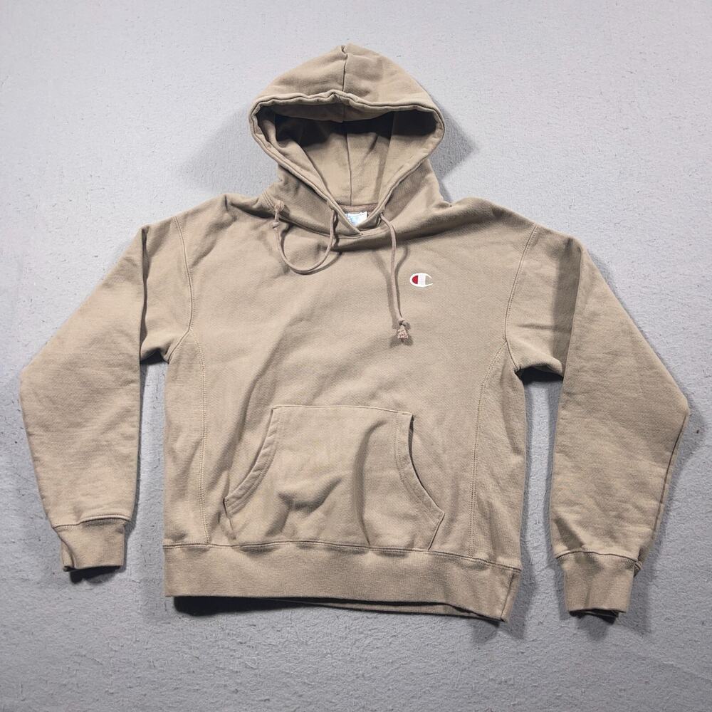 Champion Hoodie Men Medium Beige Reverse Weave Pullover Sweatshirt‎ Logo + Spots
